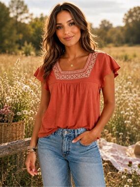 ADRIANNA PAPELL Embroidered Square Neck Flutter Sleeve Top Heather Rust Sz M